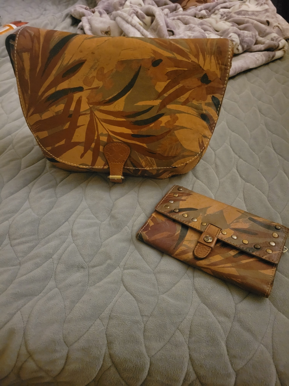 Patricia Nash Hand-Painted Brown & Tan Leaf-Print Crossbody with Matching Wallet